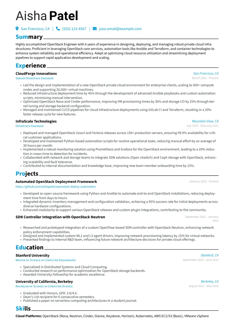OpenStack Engineer Resume Example CV template preview