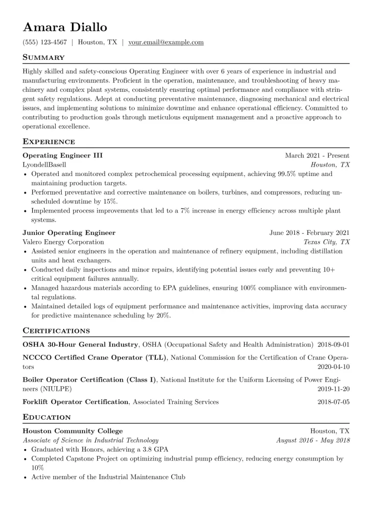 Operating Engineer Resume Example CV template preview