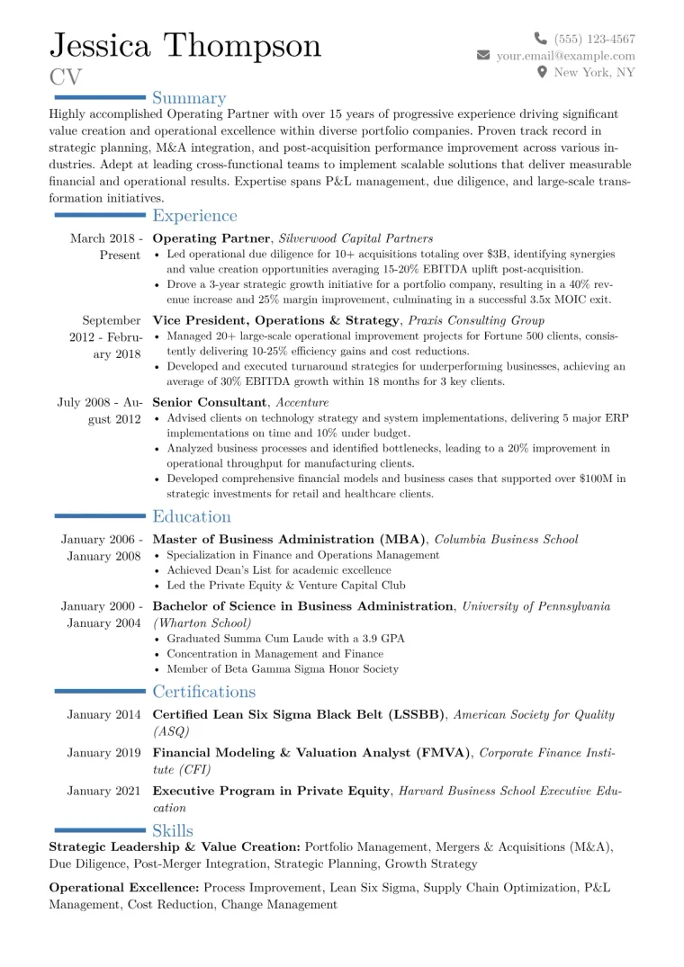 Operating Partner Resume Example CV template preview