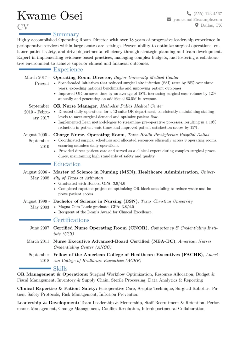 Operating Room Director Resume Example CV template preview