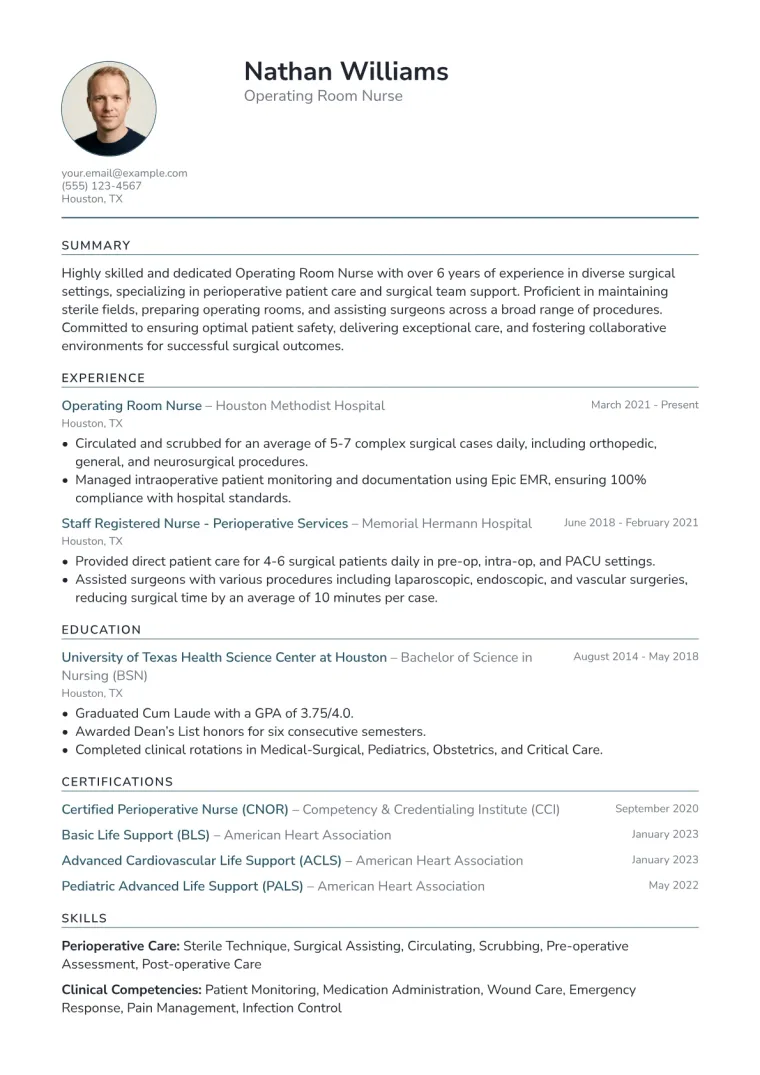 Operating Room Nurse Resume Example CV template preview
