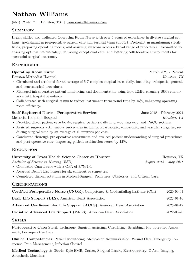 Operating Room Nurse Resume Example CV template preview