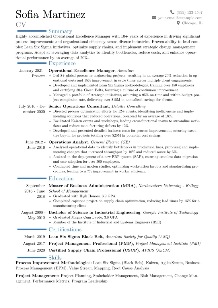 Operational Excellence Manager Resume Example CV template preview