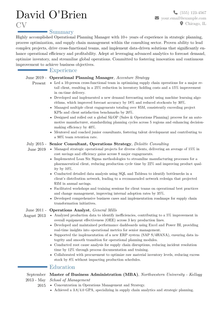 Operational Planning Manager Resume Example CV template preview