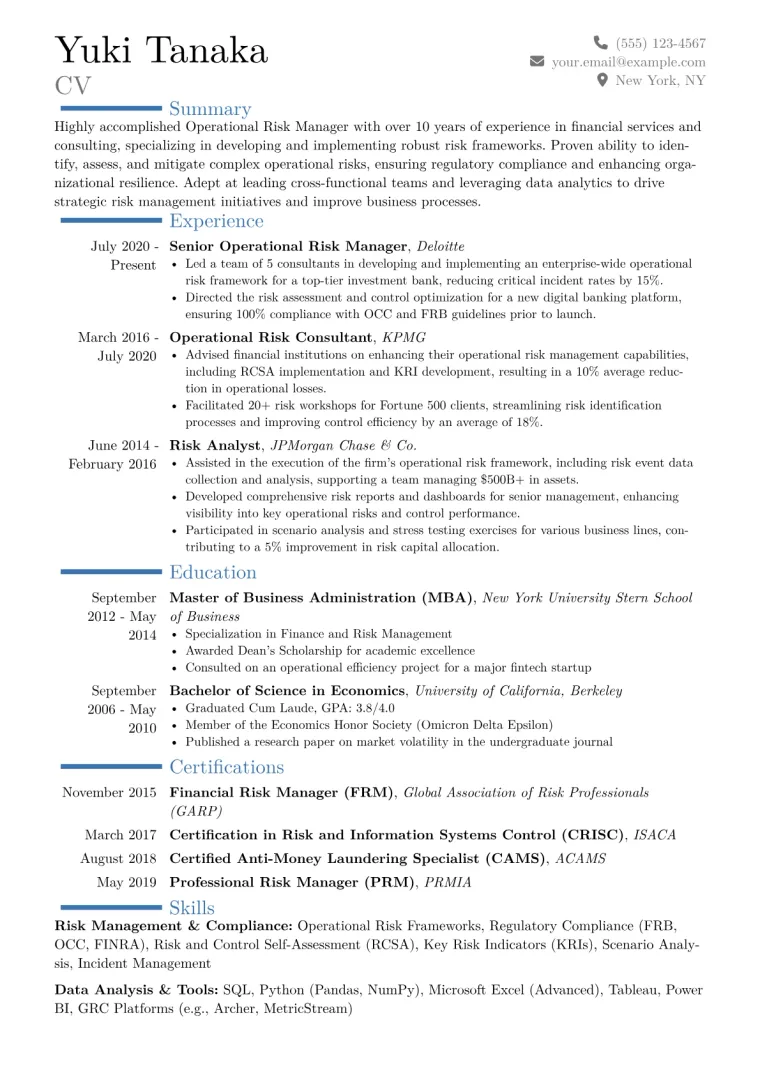 Operational Risk Manager Resume Example CV template preview