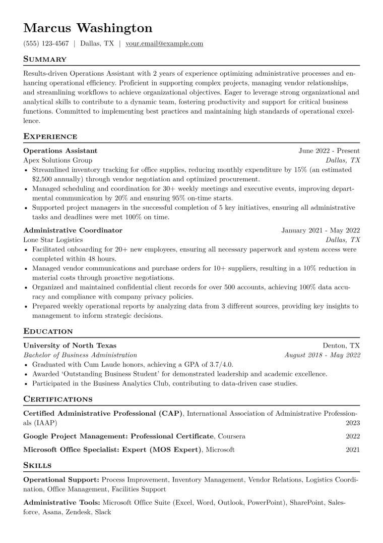 Operations Assistant Resume Example CV template preview