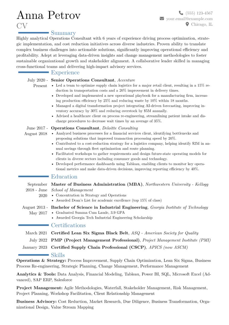 Operations Consultant Resume Example CV template preview
