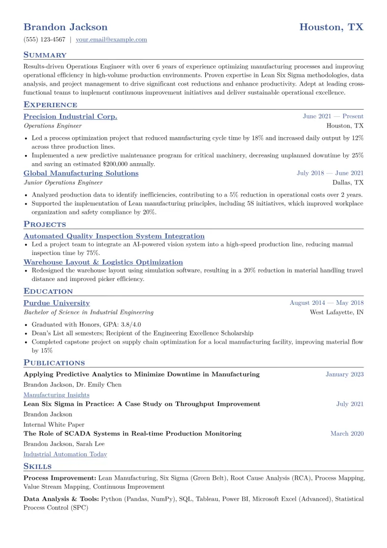 Operations Engineer Resume Example CV template preview