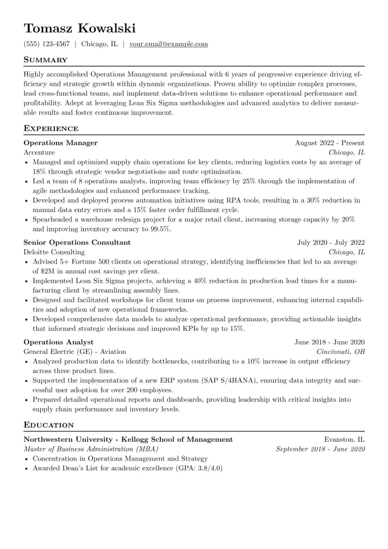 Operations Management Resume Example CV template preview