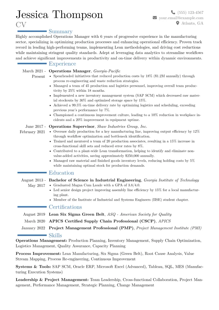 Operations Manager Resume Example CV template preview
