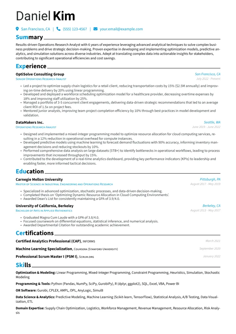Operations Research Analyst Resume Example CV template preview