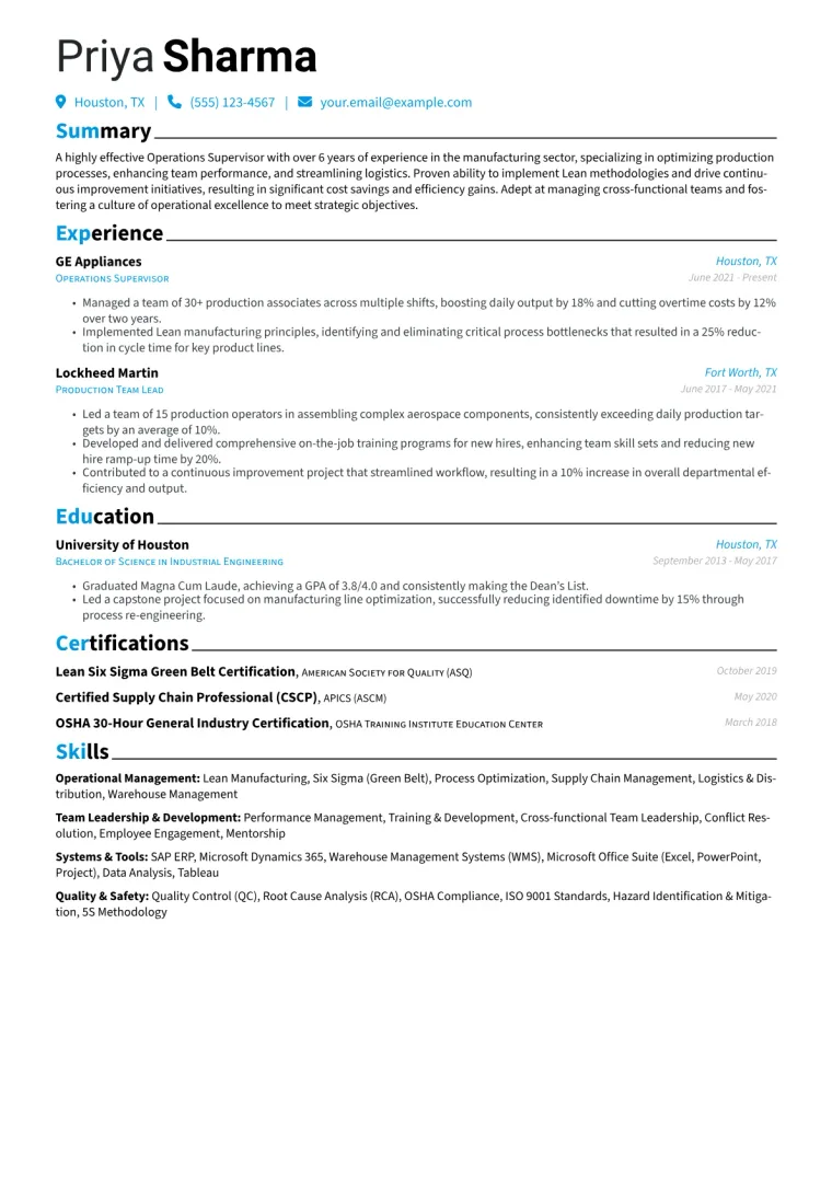 Operations Supervisor Resume Example CV template preview