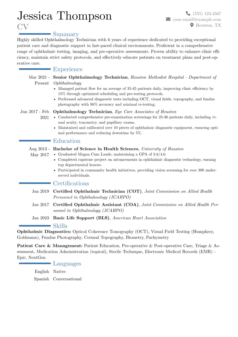 Ophthalmology Technician Resume Example CV template preview