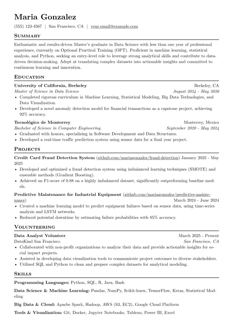 OPT Student Resume Example preview