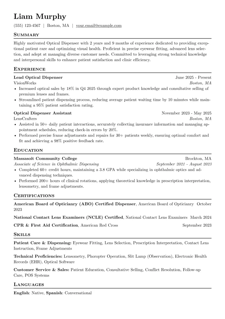 Optical Dispenser Resume Example preview