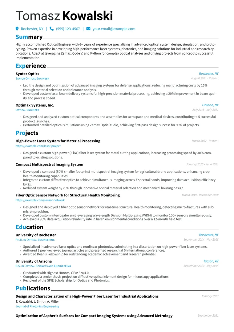Optical Engineer Resume Example CV template preview