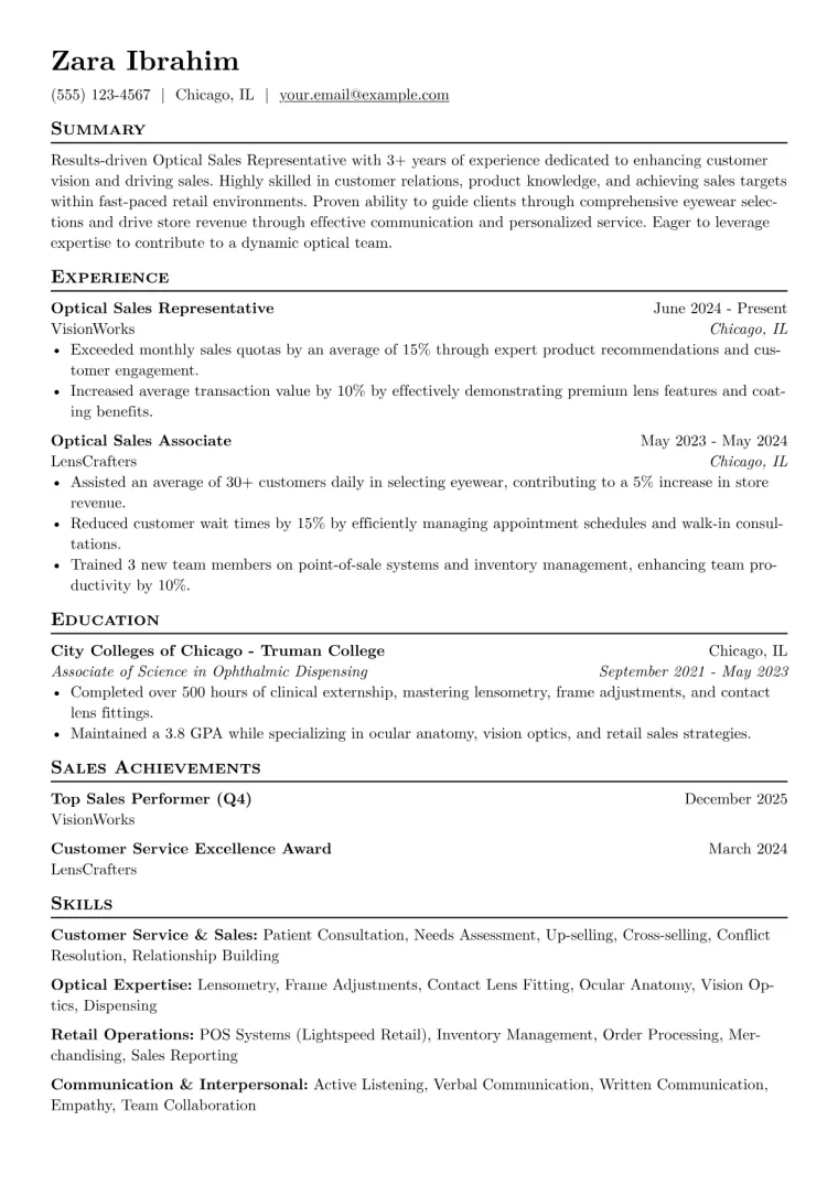 Optical Sales Representative Resume Example preview