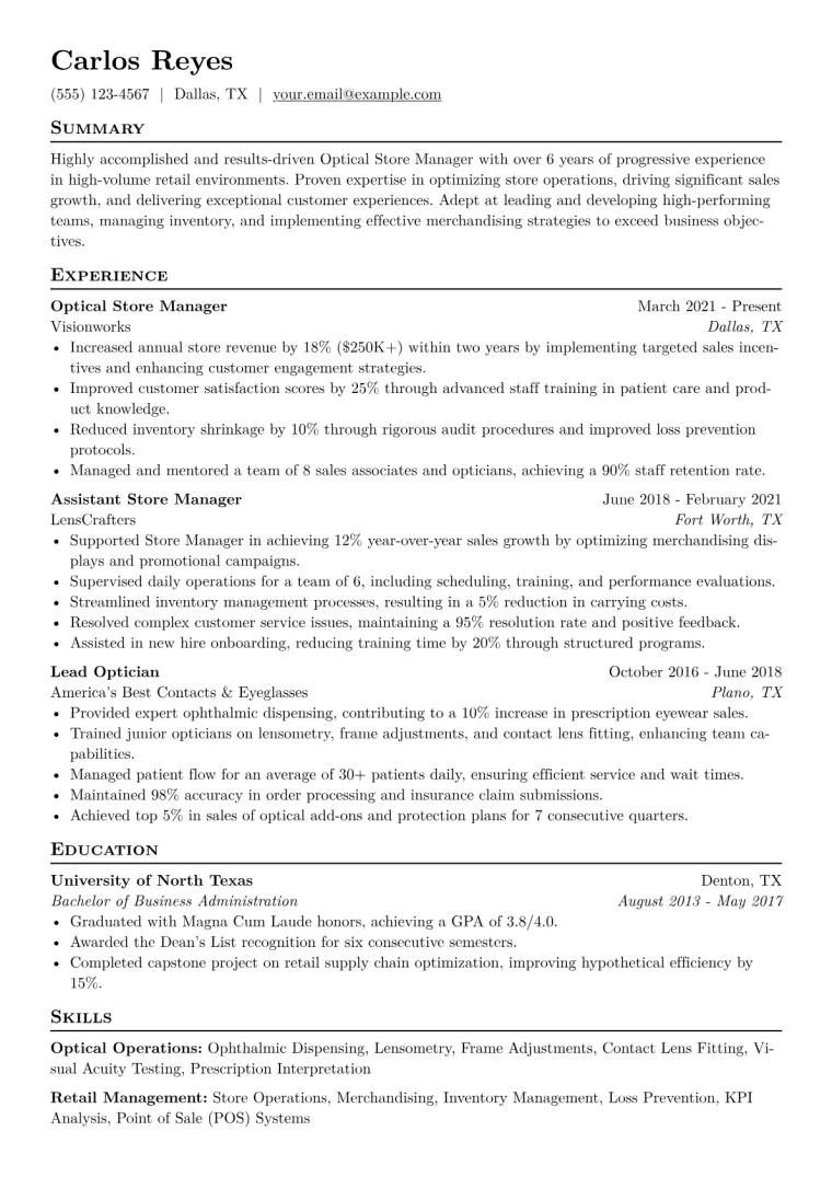 Optical Store Manager Resume Example CV template preview