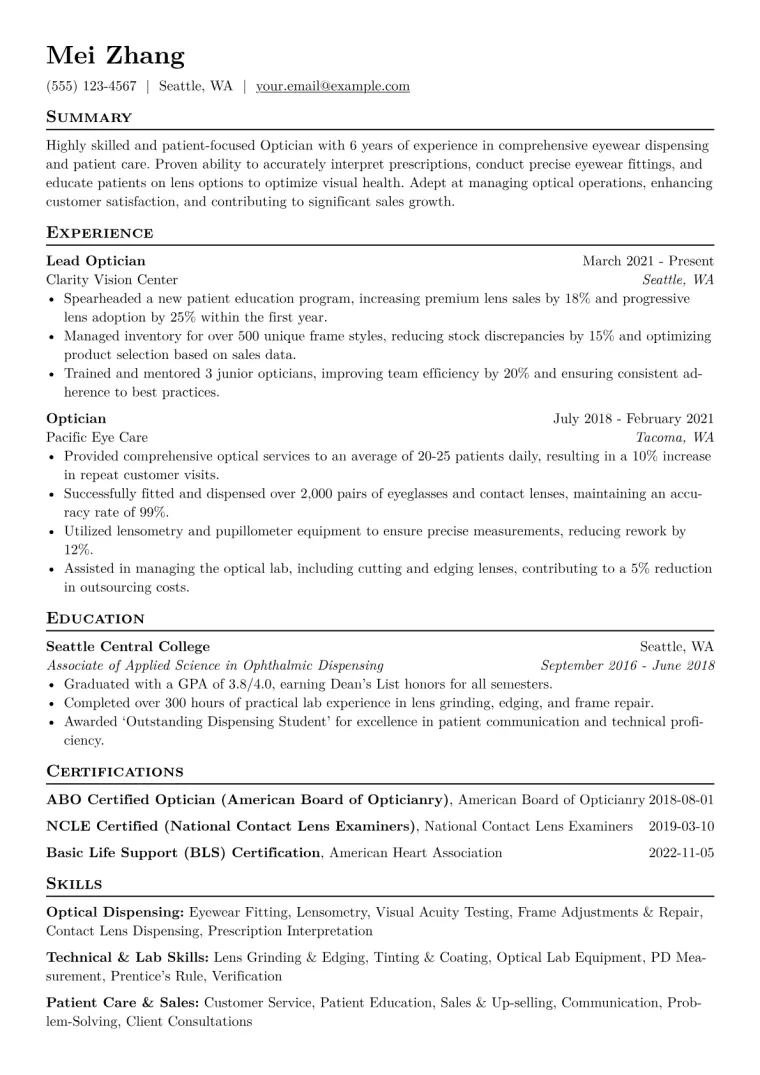 Optician Resume Example CV template preview