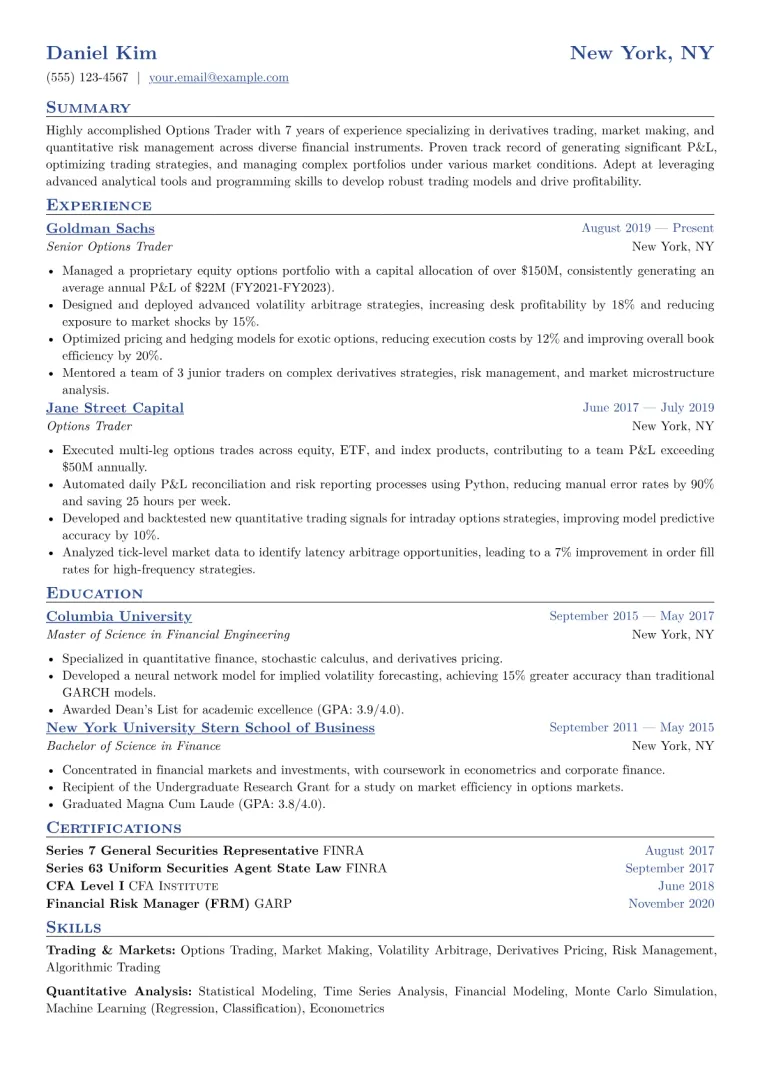 Options Trader Resume Example CV template preview