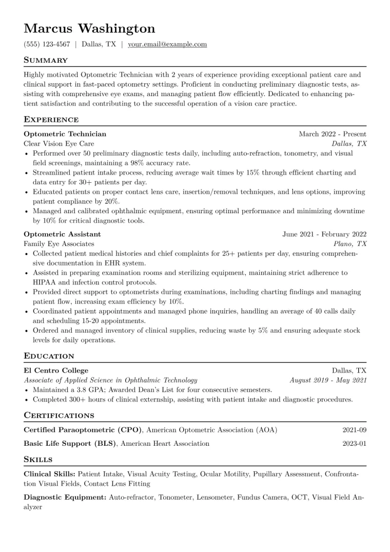 Optometric Technician Resume Example CV template preview