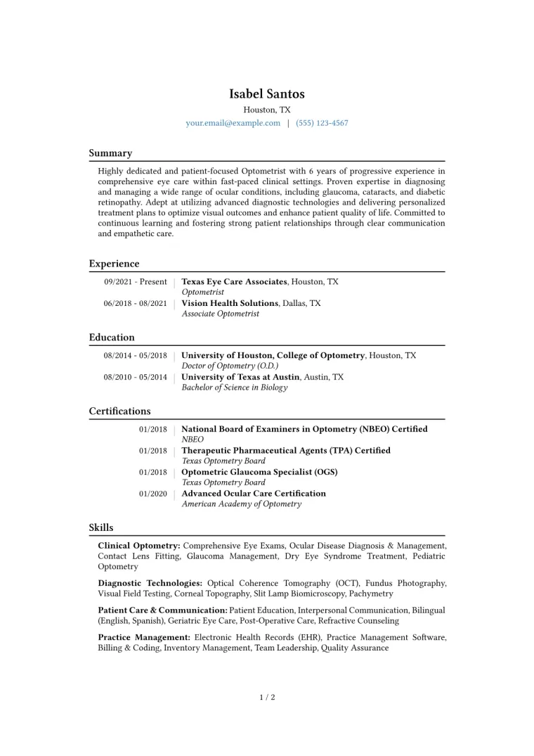Optometrist Resume Example CV template preview
