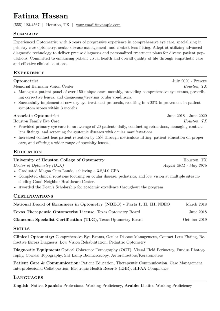 Optometry Resume Example CV template preview