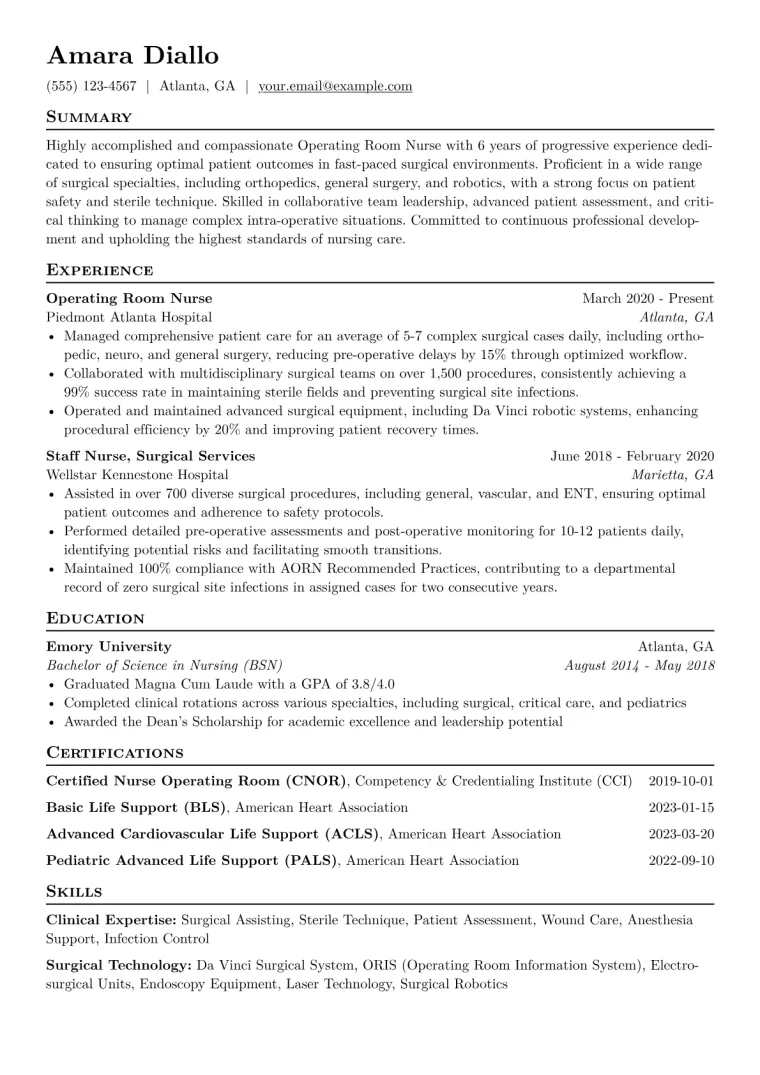 OR Nurse Resume Example CV template preview