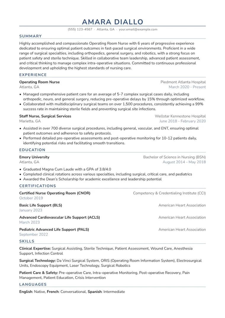 OR Nurse Resume Example CV template preview