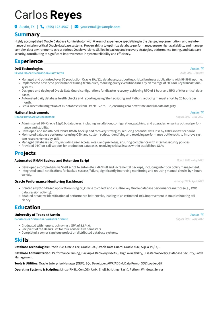 Oracle DBA Resume Example CV template preview