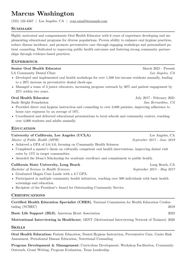 Oral Health Educator Resume Example CV template preview