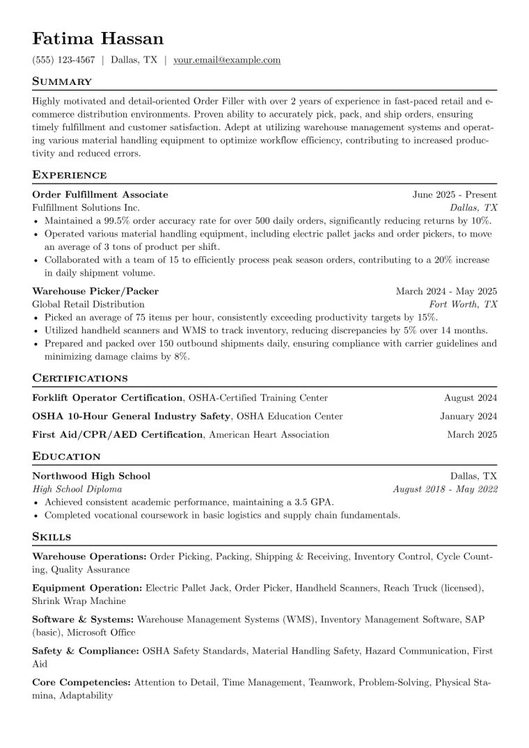 Order Filler Resume Example CV template preview
