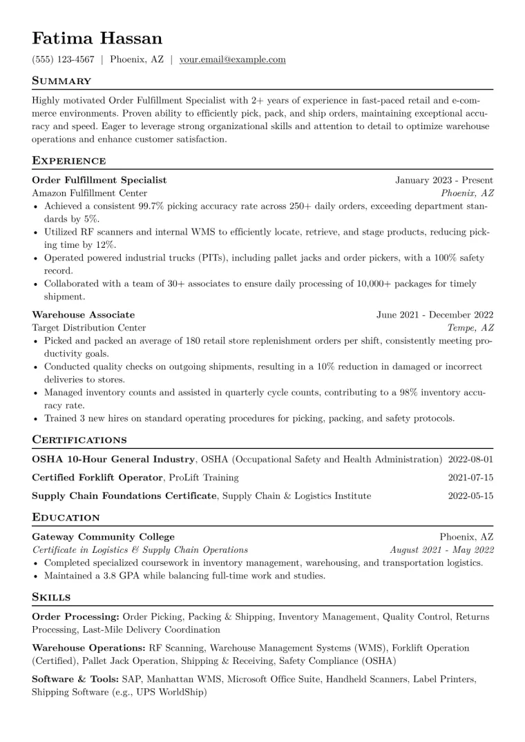 Order Fulfillment Specialist Resume Example CV template preview