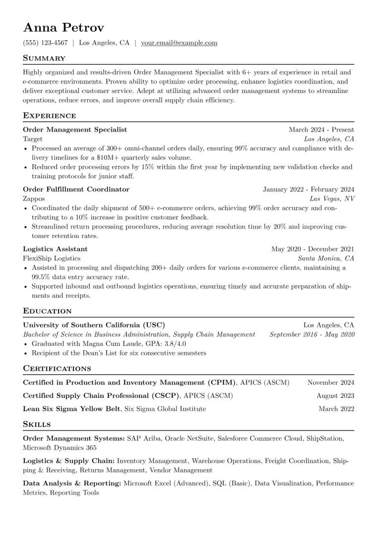 Order Management Specialist Resume Example CV template preview