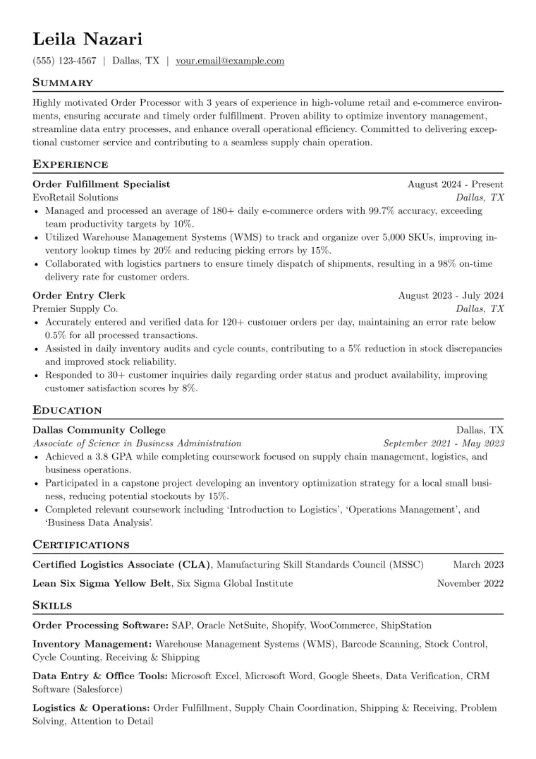 Order Processor Resume Example preview