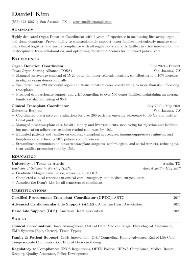 Organ Donation Coordinator Resume Example CV template preview