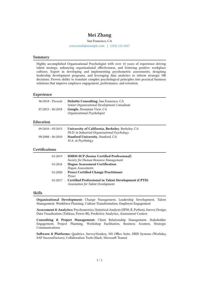 Organizational Psychologist Resume Example CV template preview