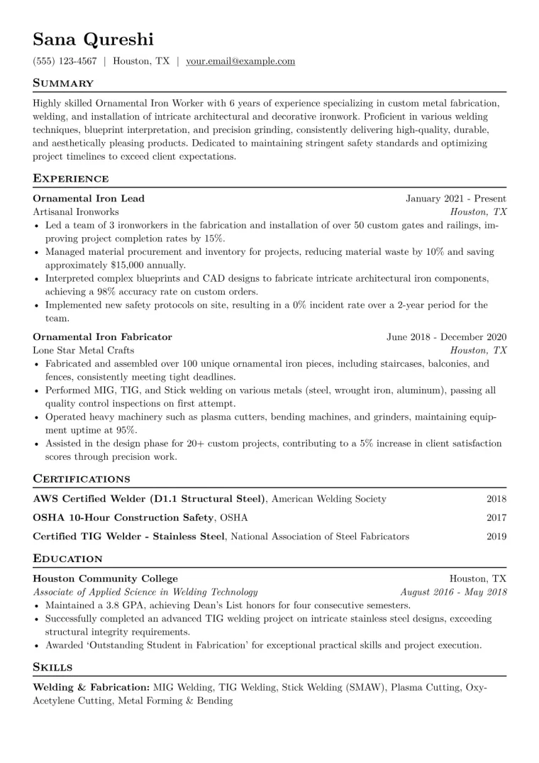 Ornamental Iron Worker Resume Example CV template preview