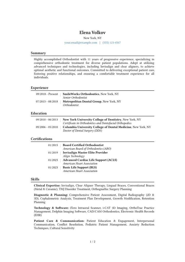 Orthodontist Resume Example CV template preview