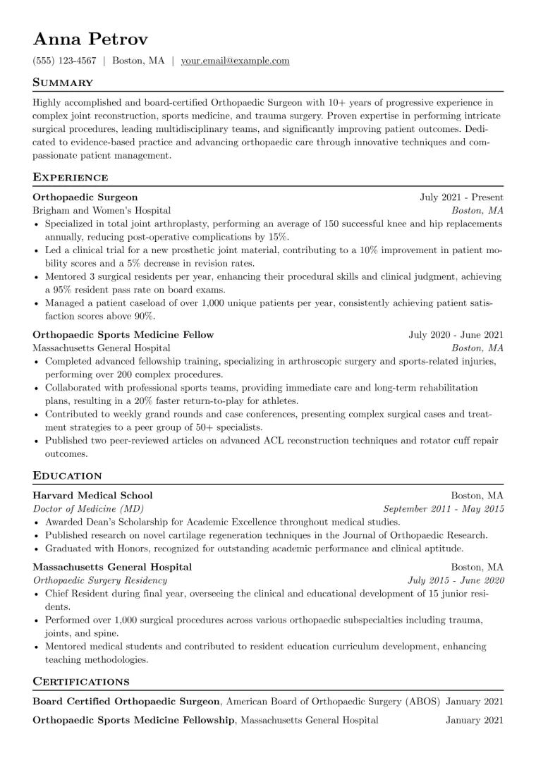Orthopaedic Surgeon Resume Example CV template preview