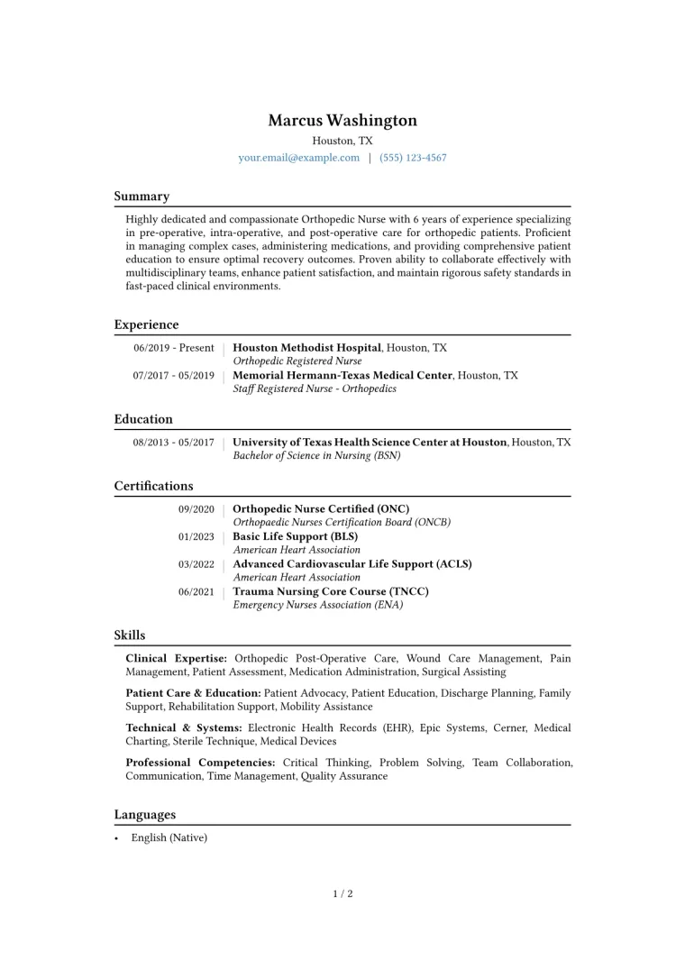 Orthopedic Nurse Resume Example CV template preview