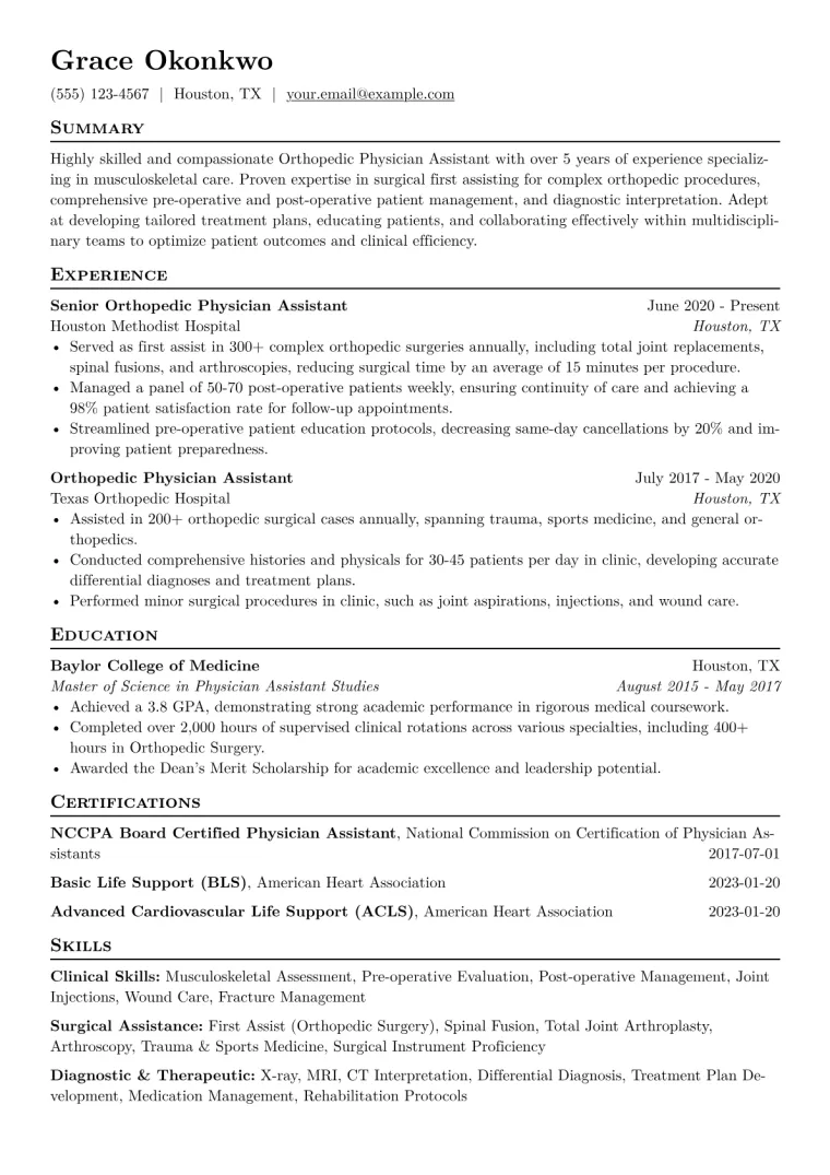Orthopedic PA Resume Example CV template preview