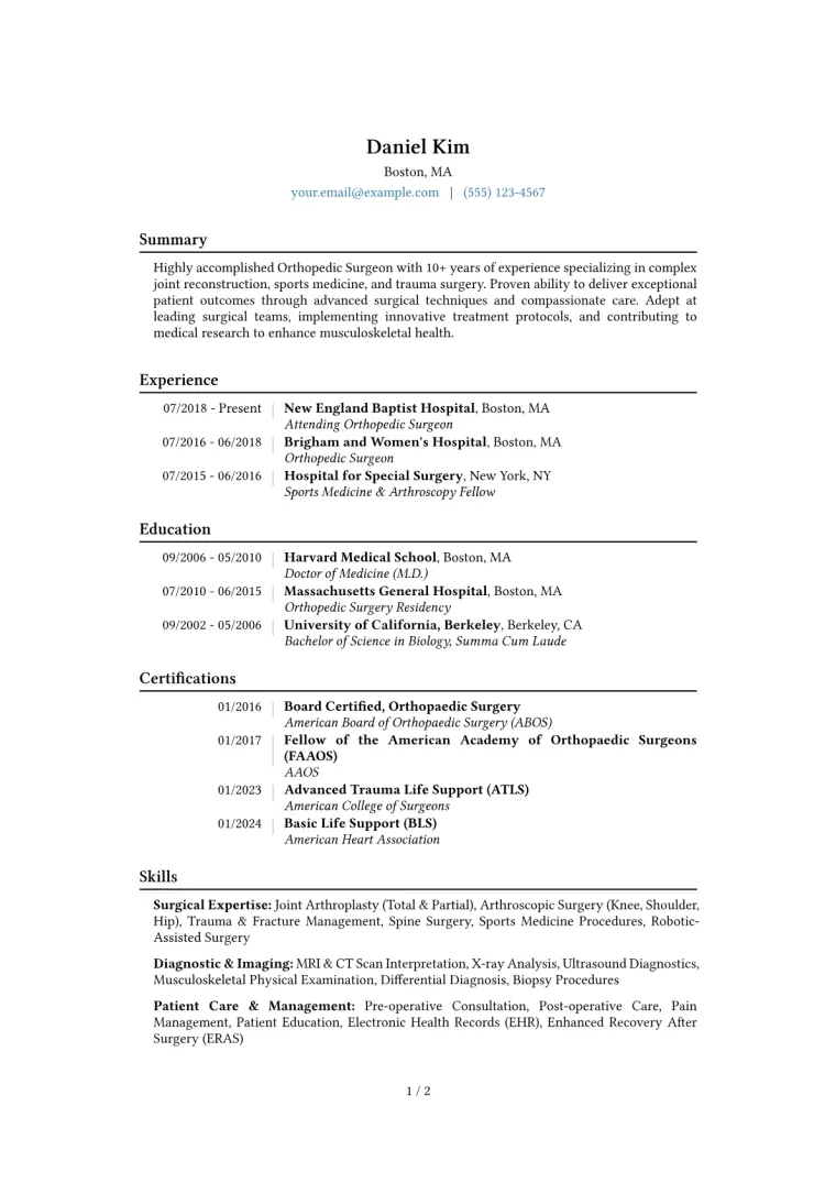 Orthopedic Surgeon Resume Example CV template preview