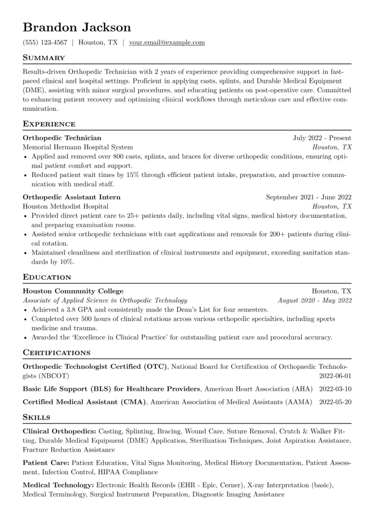 Orthopedic Technician Resume Example CV template preview