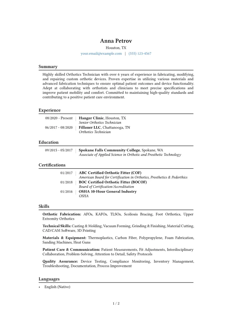 Orthotics Technician Resume Example CV template preview