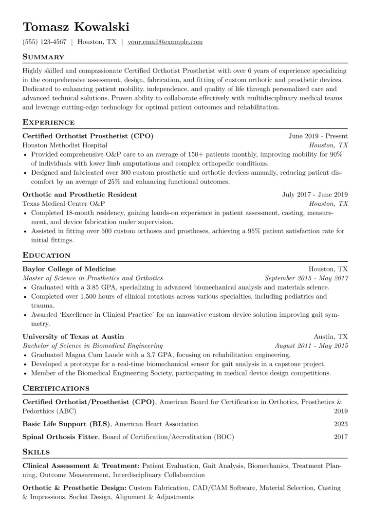 Orthotist Prosthetist Resume Example CV template preview