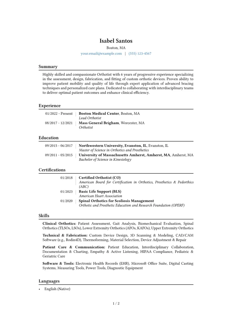 Orthotist Resume Example CV template preview
