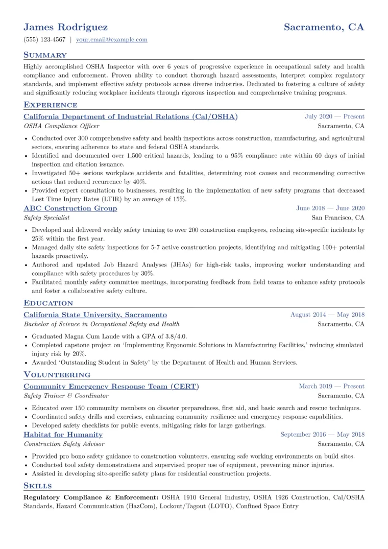 OSHA Inspector Resume Example CV template preview