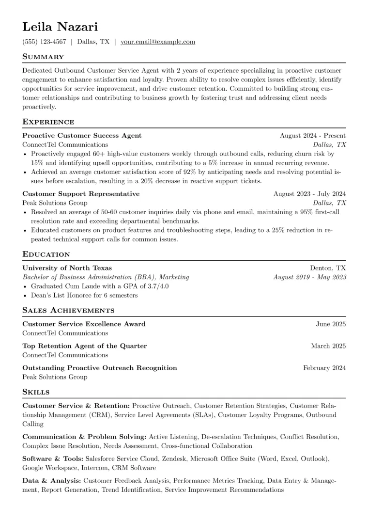 Outbound Customer Service Agent Resume Example CV template preview