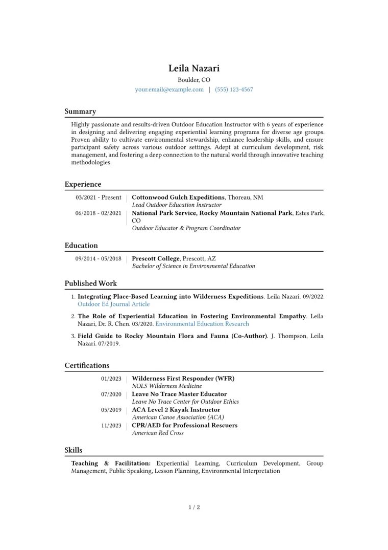 Outdoor Education Instructor Resume Example CV template preview